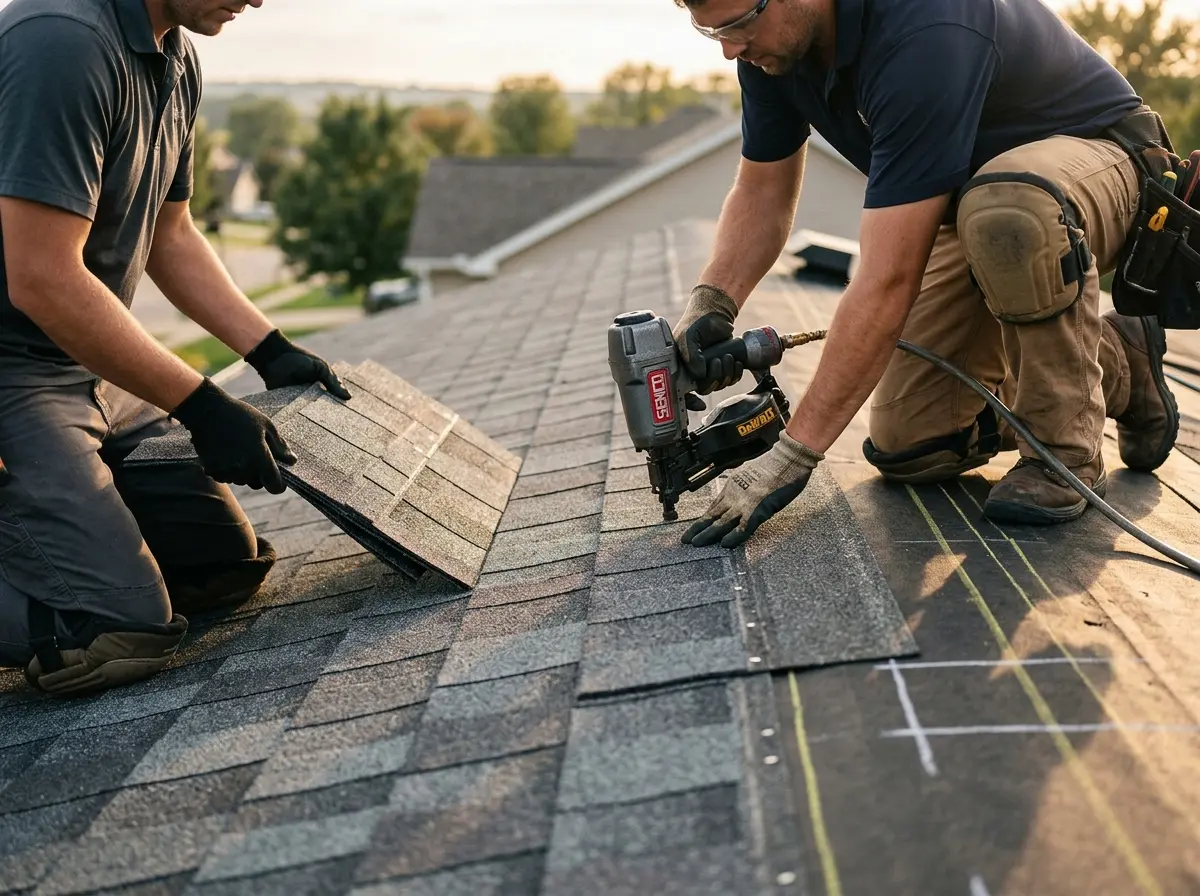 Professional roofer working on a residential roof in Dodge City